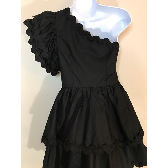 Entro Black One Shoulder Scallop Tiered Mini Dress Romper S Party Fit and Flare - Picture 8 of 13